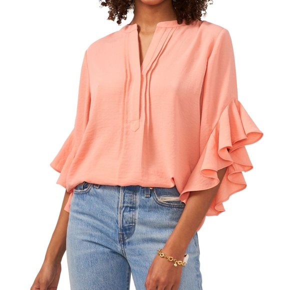Vince Camuto Tops - VINCE CAMUTO Womens Ruffle Sleeve Split Neck Blouse in Canyon Coral